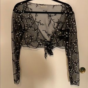 UO Mesh crop black long sleeve white flower detail